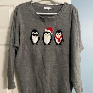 New York & Company Gray Sweater with Festive Penguins